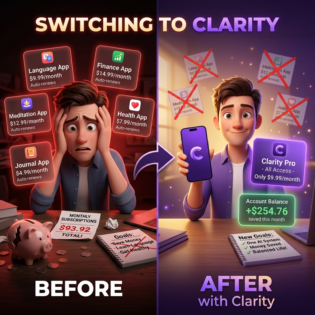 Before: stressed with multiple app subscriptions. After: happy with Clarity all-in-one.